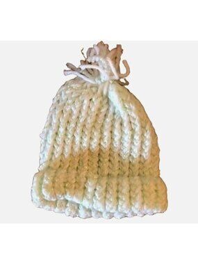 Handmade white knitted beanie hat light green fringe 5x5" READ new